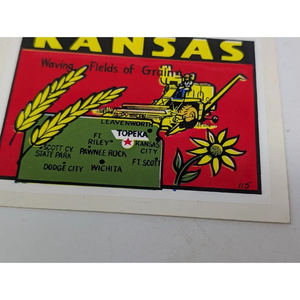 Vintage Kansas State Waving Fields‎ of Grain Travel Decal Baxter Lane Farmer Art